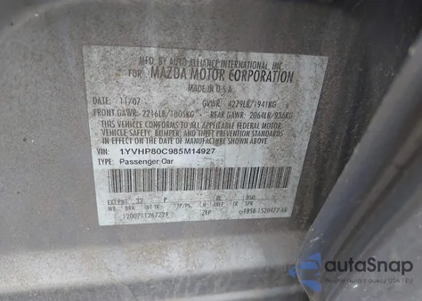 2008 Mazda Mazda6 I Sport Ve z USA, uszkodzony, nr VIN 1YVHP80C985M14927